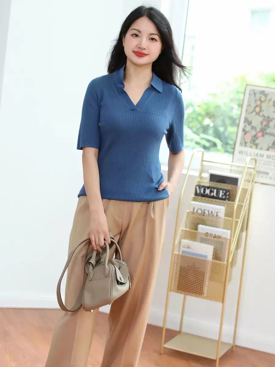 芬芳花儿 意大利缩绒后整理精纺工艺 短袖羊毛针织衫女新款春秋