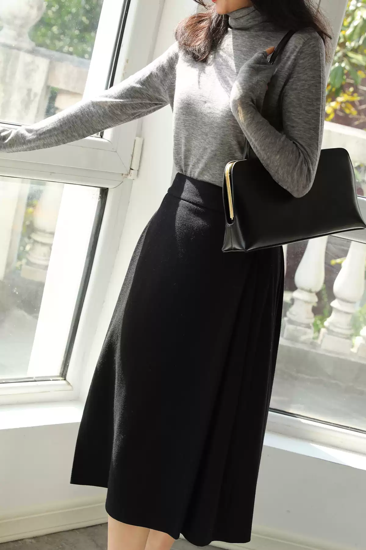 LANFLORA客供全羊毛半身裙长裙女春秋裙子高级感超好看小黑裙半裙