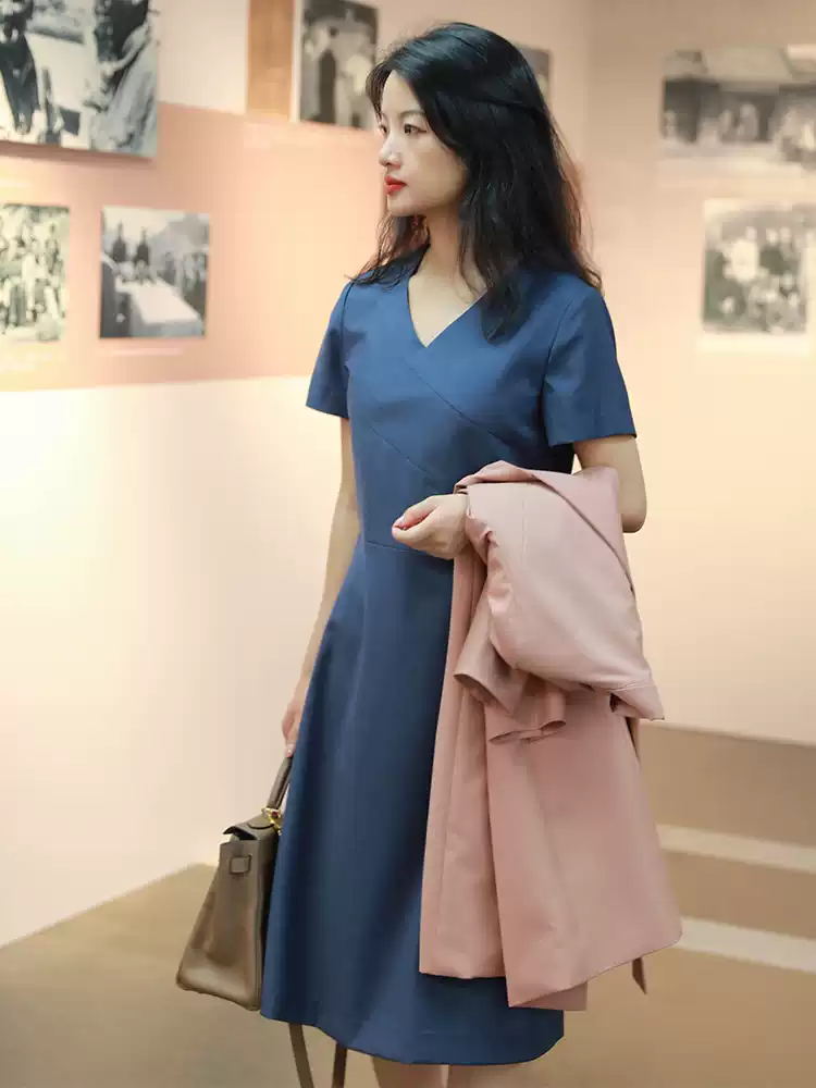 意大利进口精纺羊毛 高端染色工艺 青蓝短袖纯色高档职业连衣裙